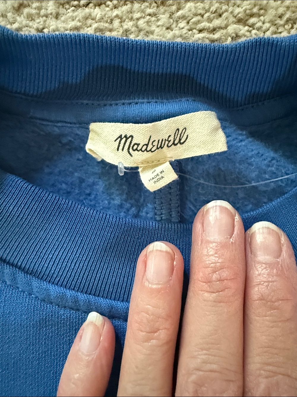 Madewell Varsity Blue Crewneck Sweatshirt with White Sleeve Stripes - Picture 3 of 4
